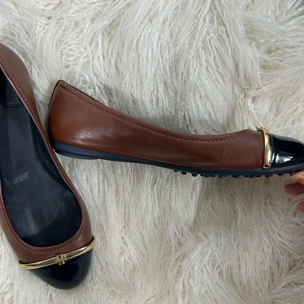 Tory Burch Pacey Cap-Toe‎ Brown Leather Ballet Flats Size 8.5M